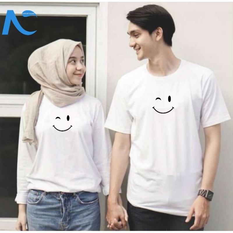 Baju Kaos Couple Smile emot 002 Pasangan Cewek Cowok Lengan panjang Lengan Pendek Hitam Putih Merah 