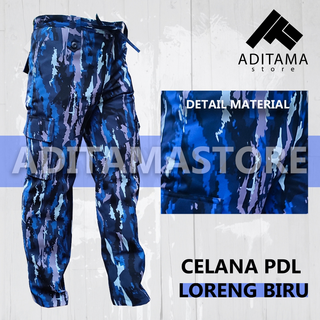Celana Panjang Kargo Pria PDL Loreng Army Biru Camo