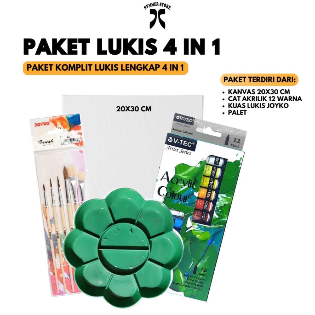 

KODE R87F Paket Lukis Sekolah 4 IN 1 Kanvas 2X3 Cat Akrilik Palet Kuas Set Svmmerink