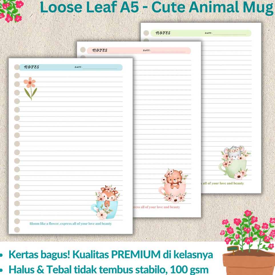 

Loose leaf Isi Kes File binder A5 Tebal Animal Mug Refill Map Binder Line Grid Dotted Blank Garis Kotak Titik Polos Color Warna Lucu CHESTER LIVING