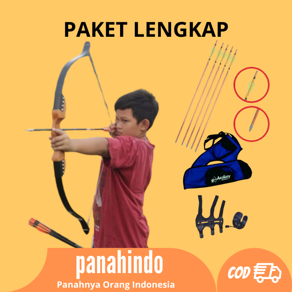 Panahindo - Paket Busur Panah Pemula Anak Standar TK SD Black & Natural Wood Archery Bow Olahraga Pa