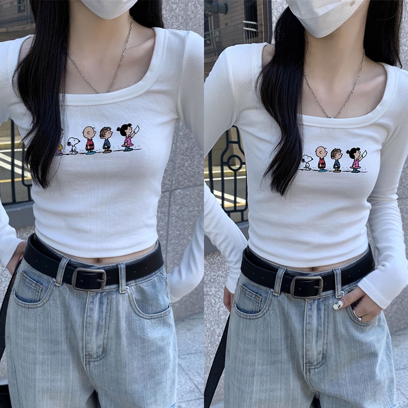 kaos crop lengan panjang Snoopy baju ketat crop top t shirt Wanita Korean style /baju atasan wanita 