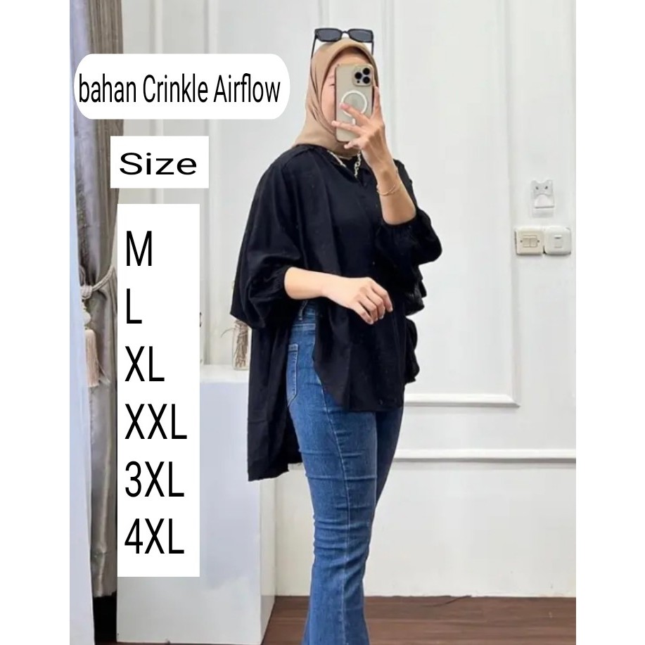Naomi Blouse Belah Samping V Neck kerah Shanghai Wanita Jumbo Bahan Crinkle Airflow Premium