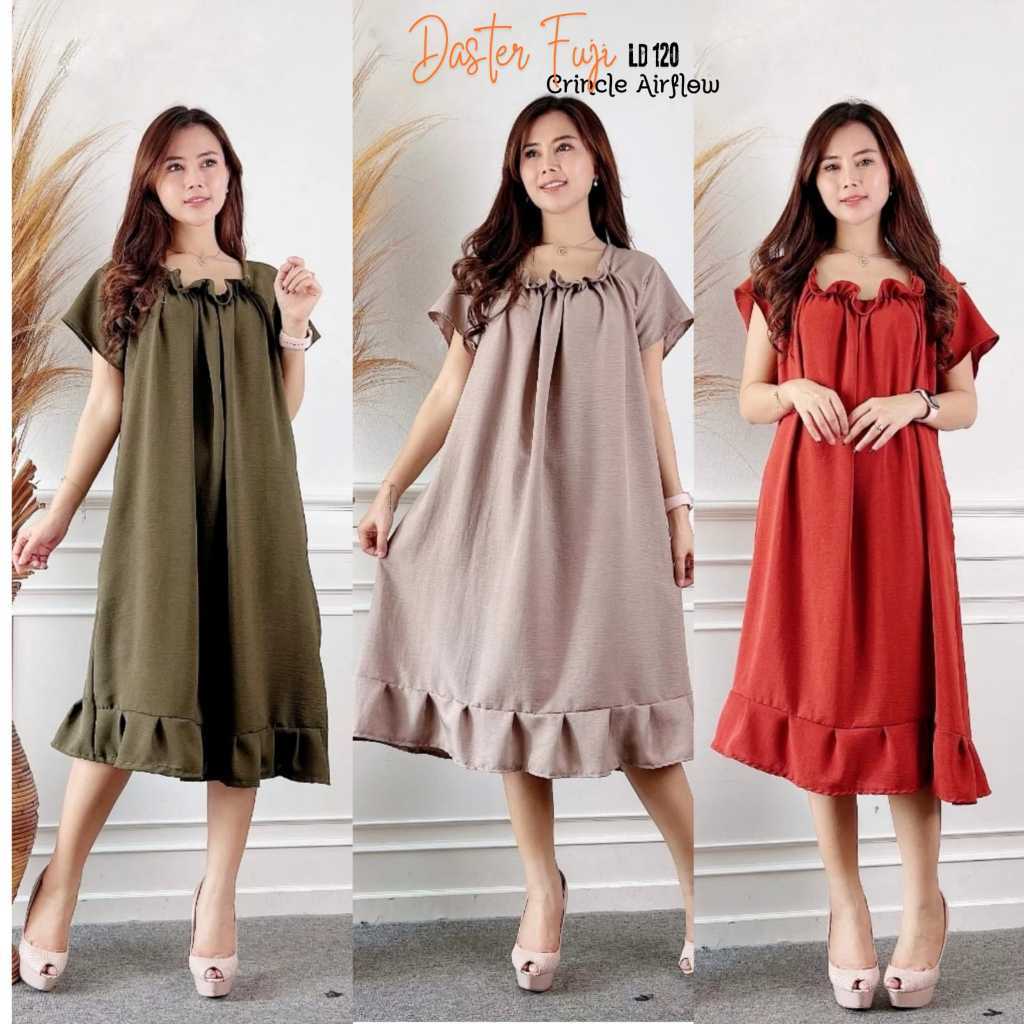 Daster Dress Fuji Jumbo Crincle Airflow Polos Bawah Rempel Kerut Terbaru