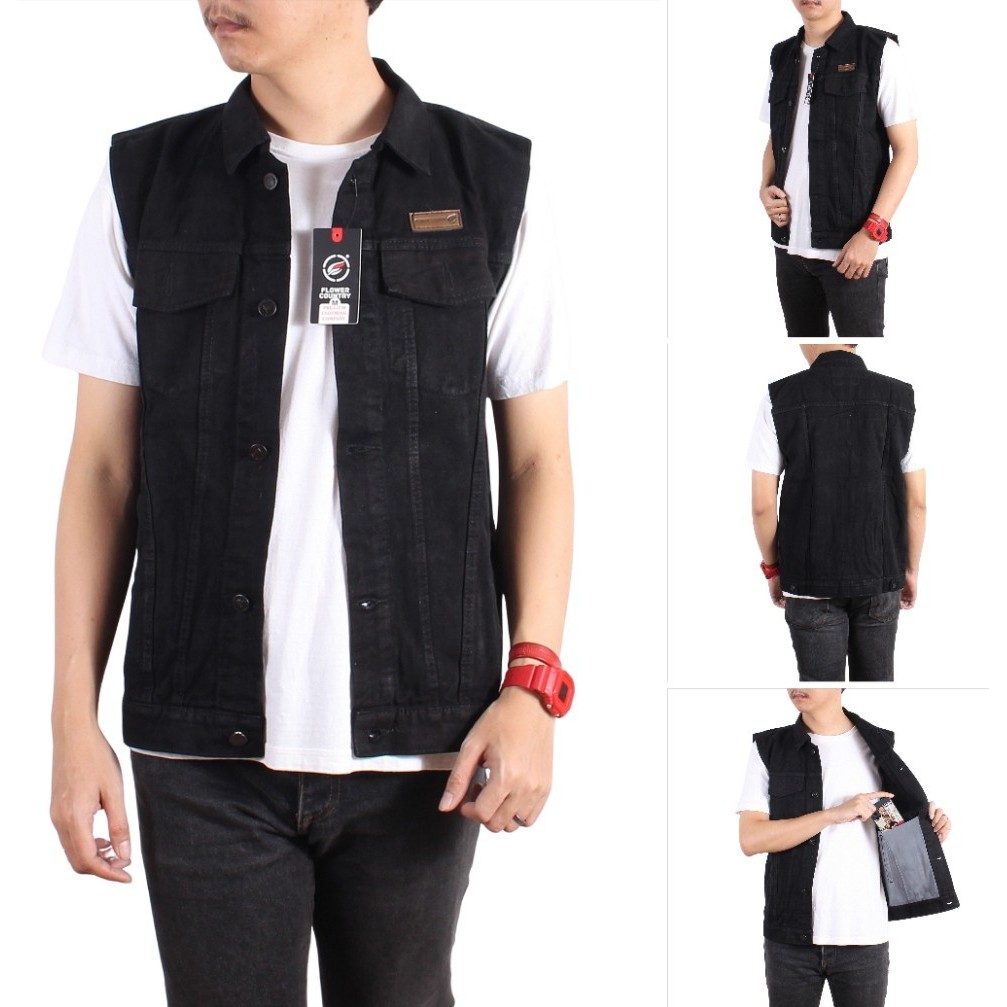 Rompi Jeans Pria Hitam - Jaket Rompi Kerah Denim Distro Original Flower Country