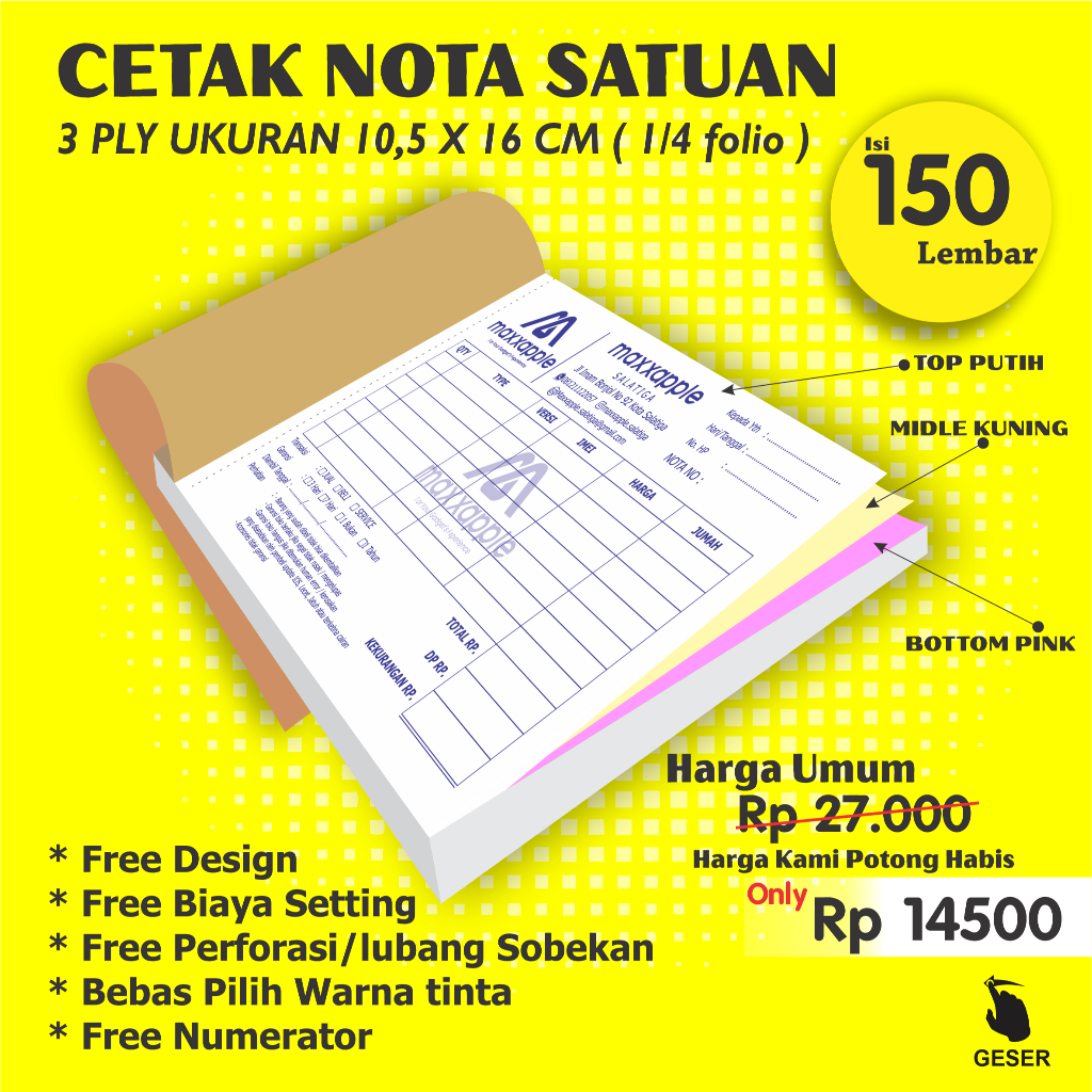 

Cetak nota custom 3 ply 1/4 folio 10,5 x 16 cm