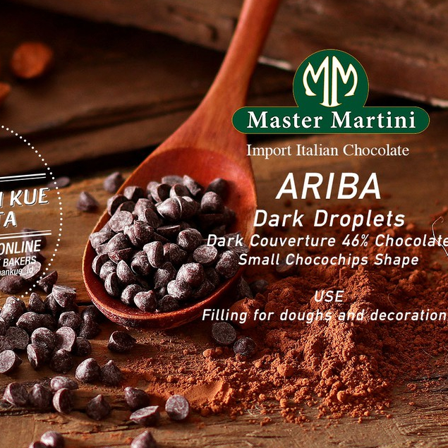 

Master Martini Ariba 46% 100gr Bitter Drops Chocochip Chocolate Couverture Cokelat Chips Choco Chip Baking