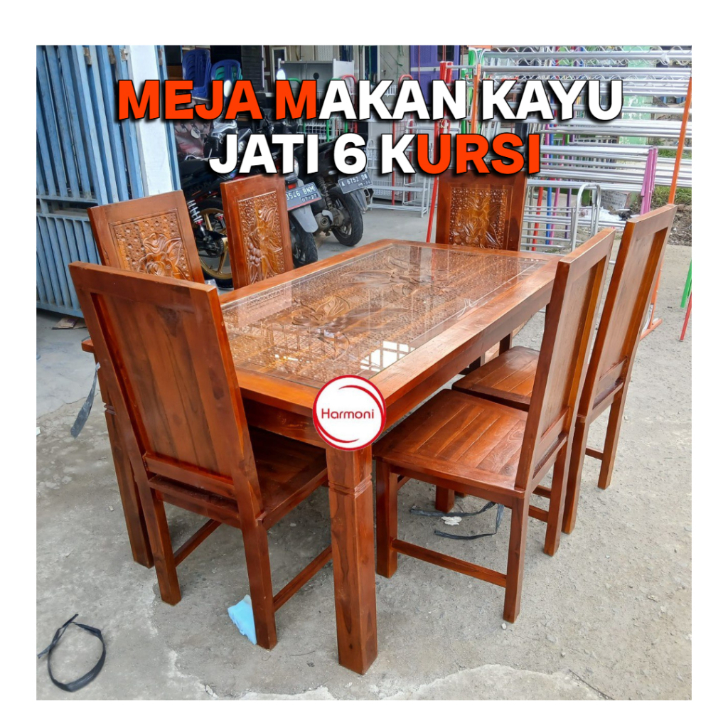 MEJA MAKAN KAYU 6 KURSI KACA MEJA MAKAN KAYU JATI 6 KURSI KACA