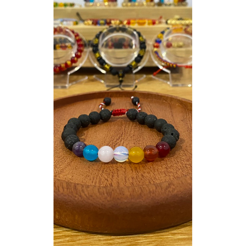 Gelang Tridatu Cakra 7 Batu Kristal dengan Lava Rock - Gelang Energi Chakra untuk Keseimbangan dan K