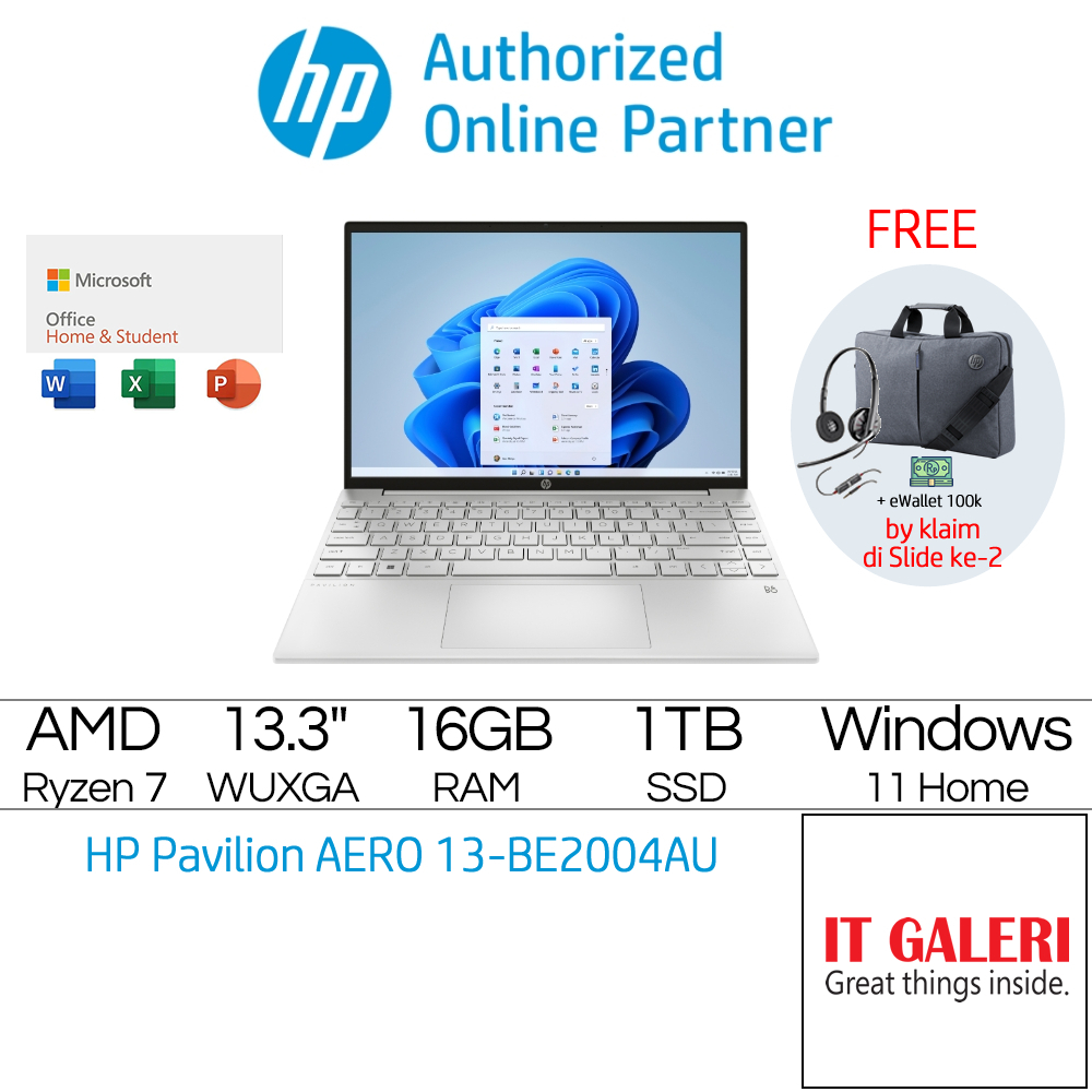 [FREE MOUSE WIRELESS - DISKON 6% s/d 1JT] HP PAVILION AERO 13-BE2004AU R7-7735U/2X8GB/1TB/13.3 IPS/B