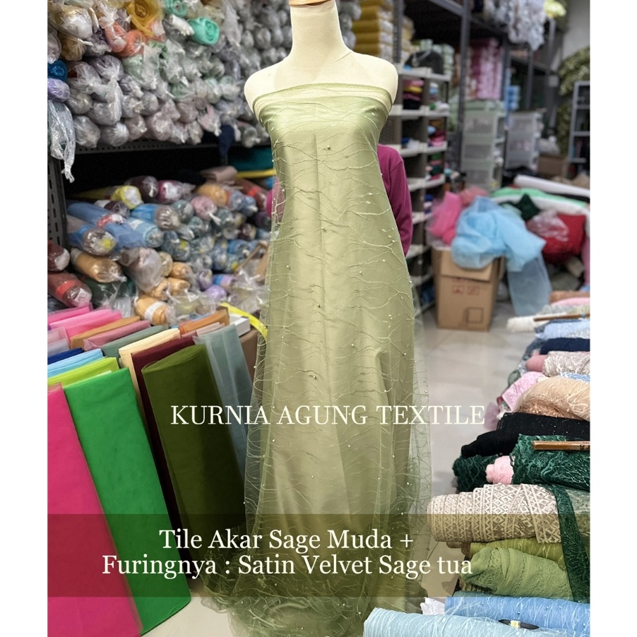 Terlaku Kain Tile Akar Mutiara Gliter Brukat Warna SAGE GREEN Per Meter dan Per 5m bahan gamis kebay