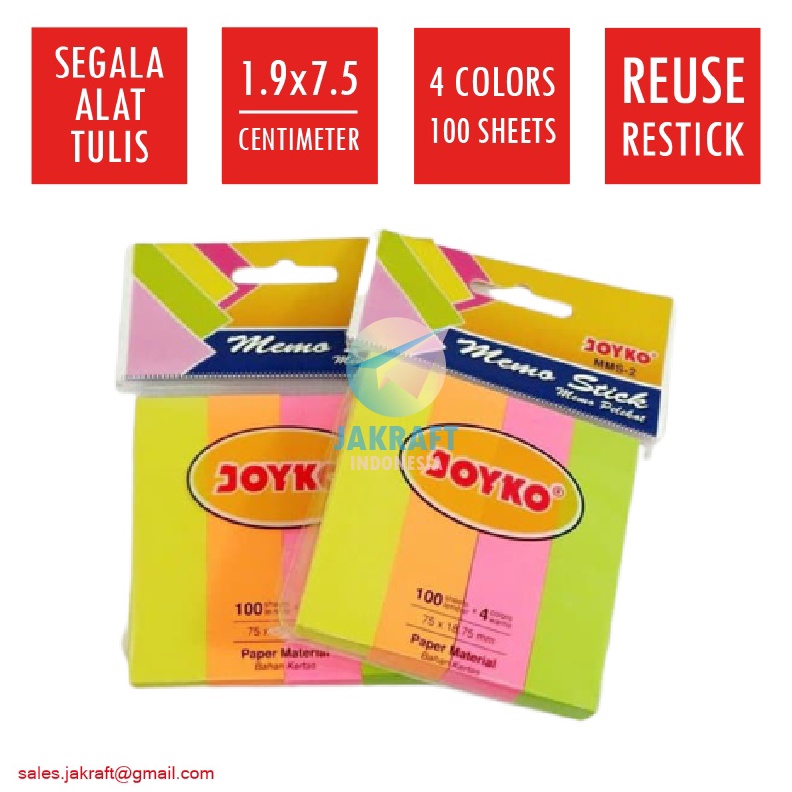 

PROMO BRAND 4 Lembar Kertas Memo Stick Tempel 4 Warna Neon JOYKO MMS2 Mix Color Sticky Note 19 x 75 Cm