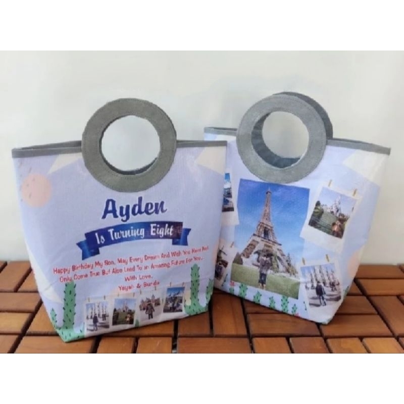 

tas souvenir ultah pegangan bulat full print uk 30x40x15 cm