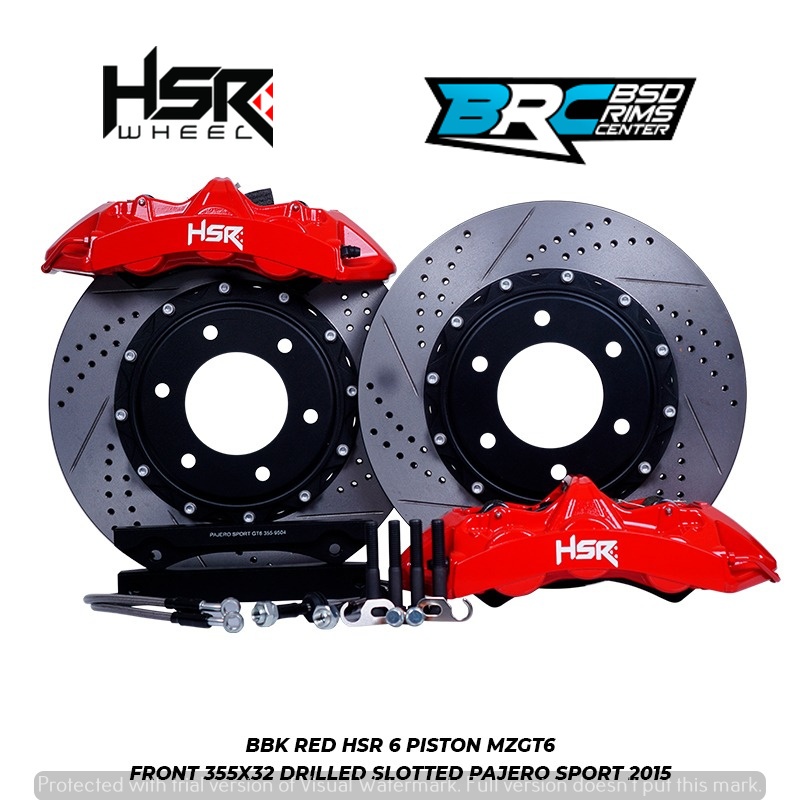 BBK HSR MOBIL PAJERO 2015 BBK RED HSR 6 PISTON MZGT6 FRONT 355X32 DRILLED SLOTTED PAJERO SPORT 2015 