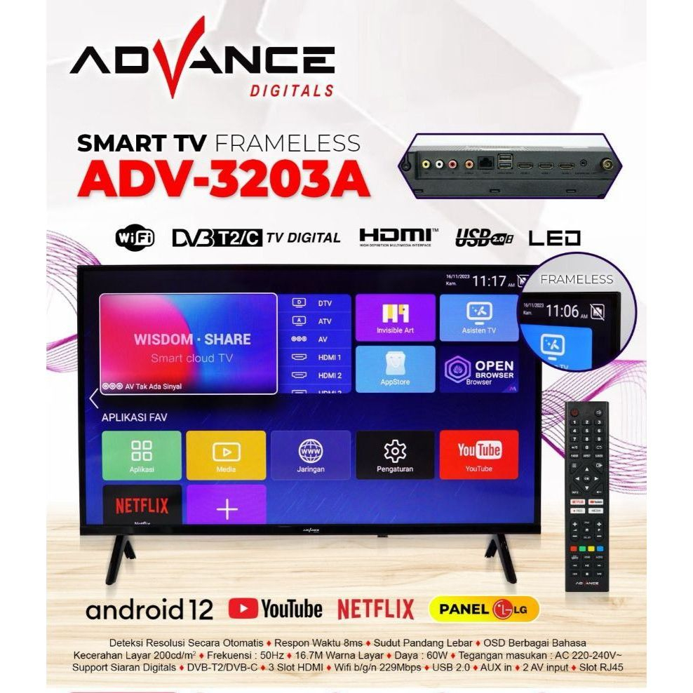 TV ANDROID ADVANCE ADV3203A 32 INCH // TV LED ANDROID OS 12 // TV Digital Layar LCD // TV Smart TV