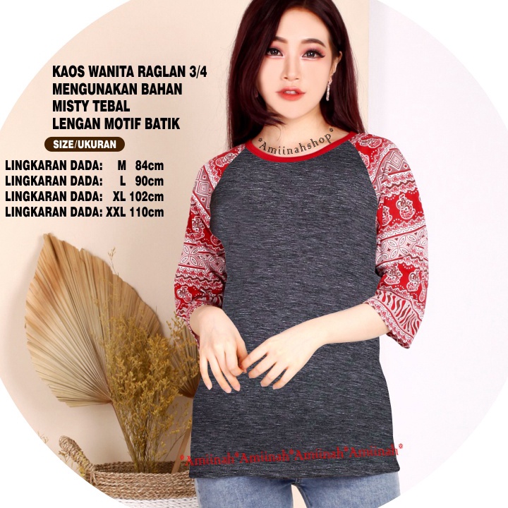 Free Ongkir CODKaos Wanita POLOS BATIK Kaos Raglan 34 M81 Model Kombinasi Batik Kaos Cewek Kaos Oblo