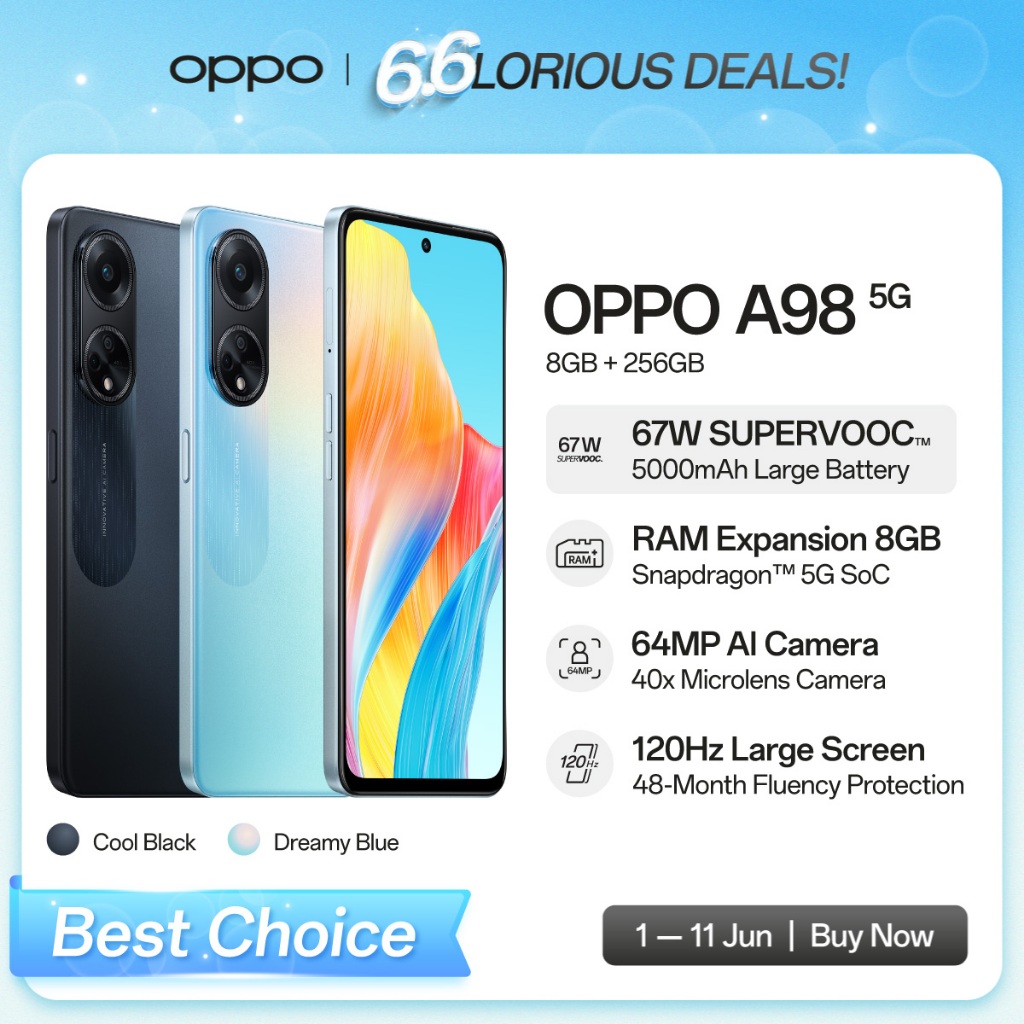 OPPO A98 5G 8/256GB [67W SUPERVOOC 5000mAh, 8GB+8GB RAM Expansion, 64MP AI Camera, 120Hz Large Screen]