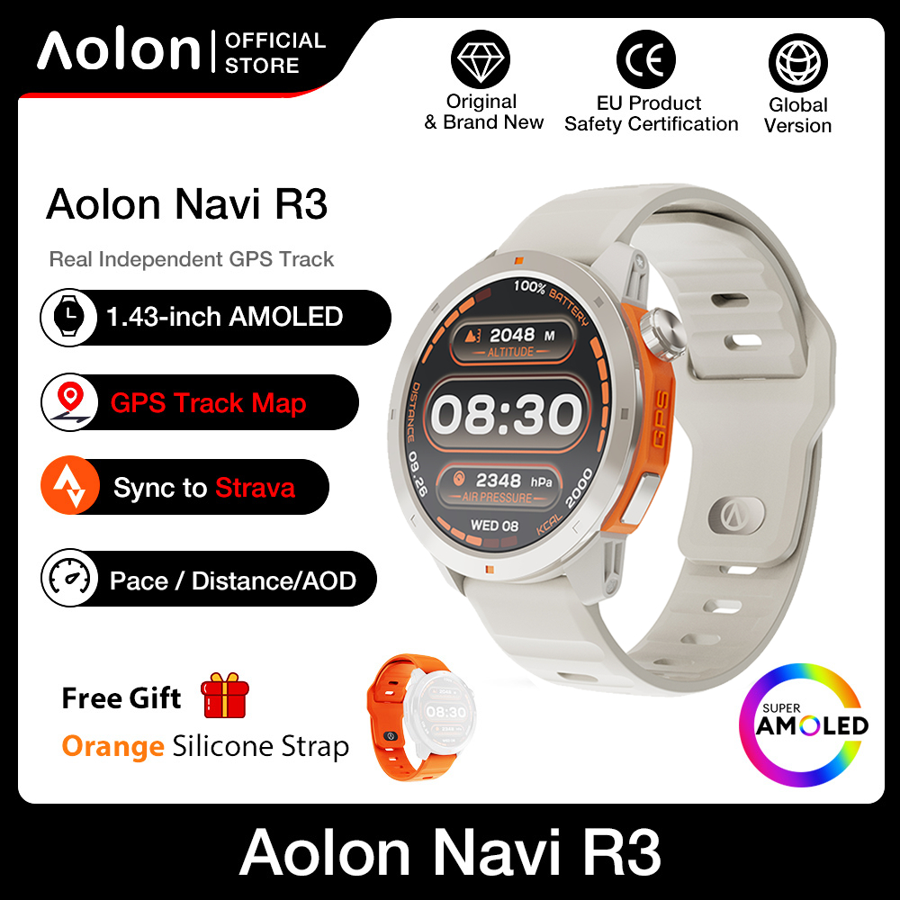 Aolon Navi R3 Jam Tangan Pria GPS Map Running Pace AOD Display Amoled Screen Smartwatch Stainless Steel 3ATM Waterproof Altitude-Light Grey