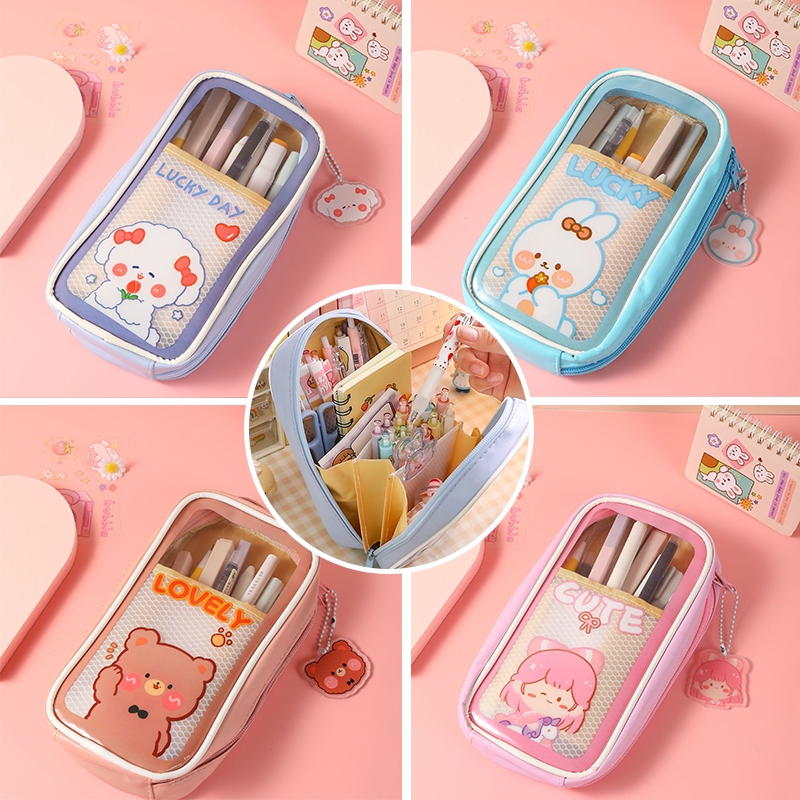 

Tempat pensil/tempat pensil pola kartun transparan/kotak penyimpanan multifungsi lucu/kapasitas besar tahan air/tempat pensil transparan PVC