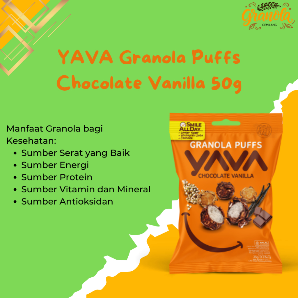 

Snack Sehat Tanpa Bahan Pengawet YAVA Puffs Chocolate Vanila 50g | GRANOLA GEMILANG