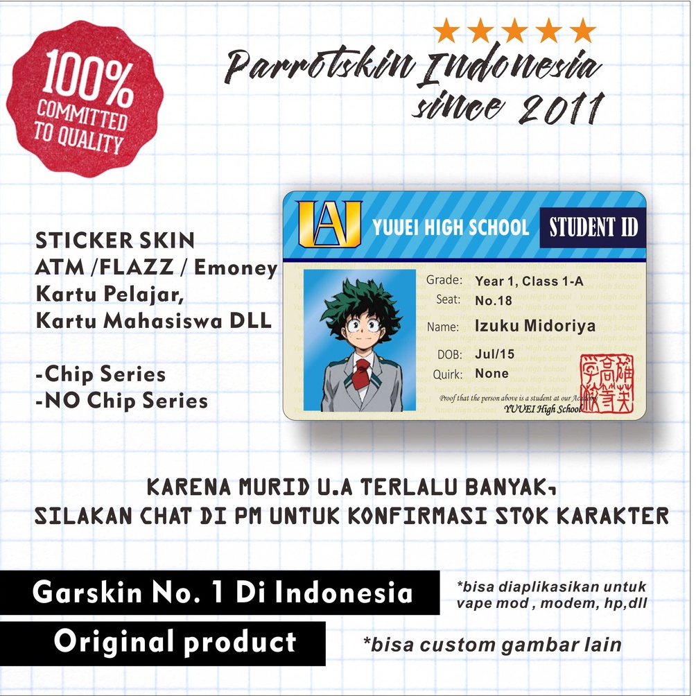 

BEST SELLER Sticker Skin Card Vinyl ATM Debit Credit Emoney Flazz My Hero Academia student ID card