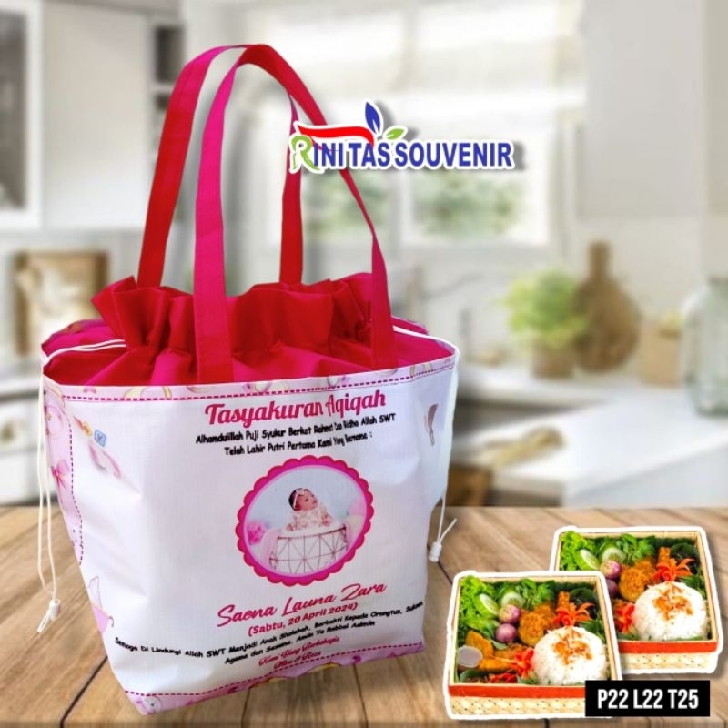 

Tas Tasyakuran Serut Atas Desain Custom Untuk Nasi kotak ukuran 20×20