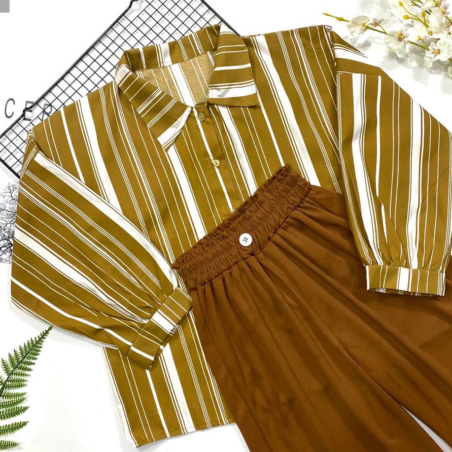 DISKON IL  SETELAN KEMEJA LOLY MILO MOTIF SALUR  ONE SET KULOT KANCING CEREPE PREMIUM