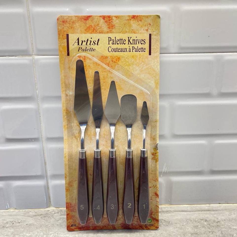 

Baru 5PCS PISAU PALET PISAU COOKIES PISAU LUKIS PISAU PENCAMPUR WARNA ALAT LUKIS DEKORASI KUE PISAU KANVAS