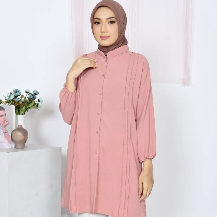 Seller Tunik Polos Wanita Lengan Panjang BalonBlouse garis Polos Cewek Kekinian