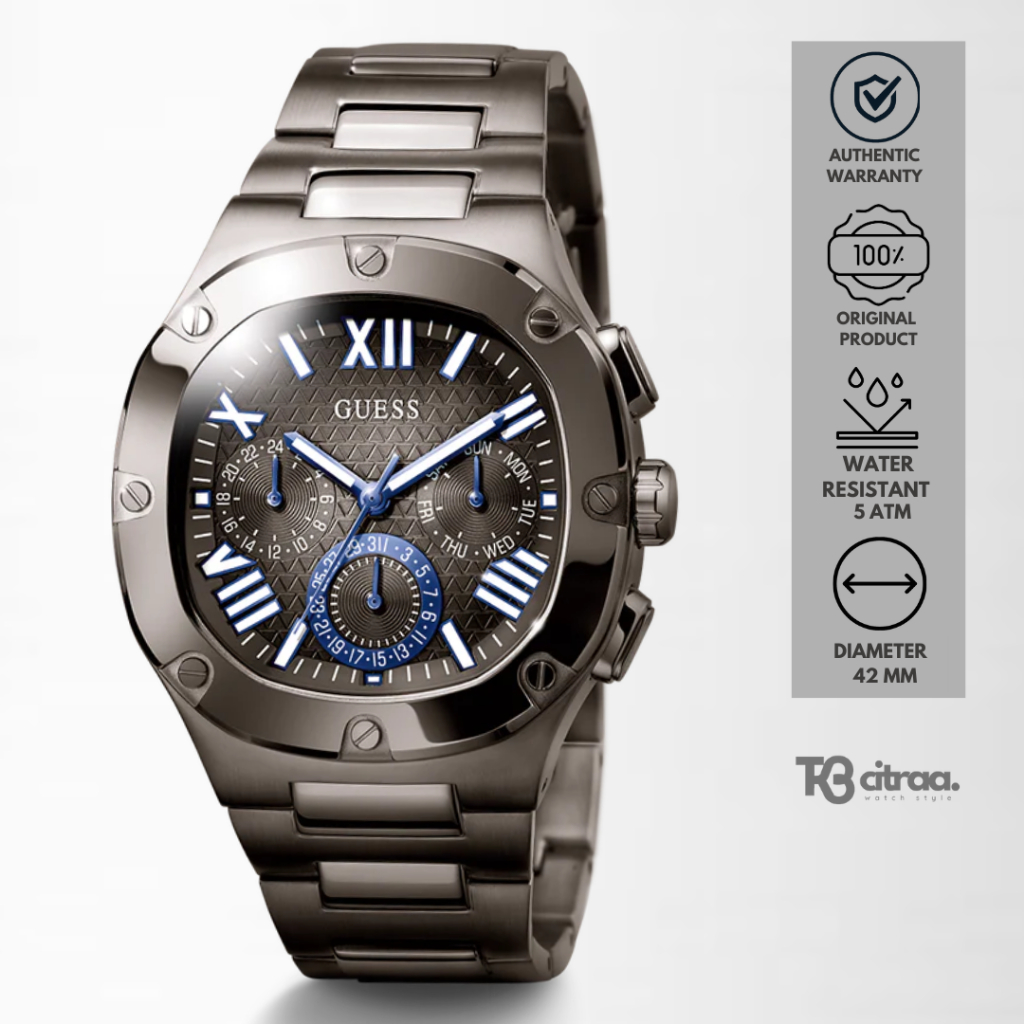 Jam Tangan Fashion Pria Guess Headline Chronograph Stainless Steel Lucury Watch Gunmetal Sporty Mewa