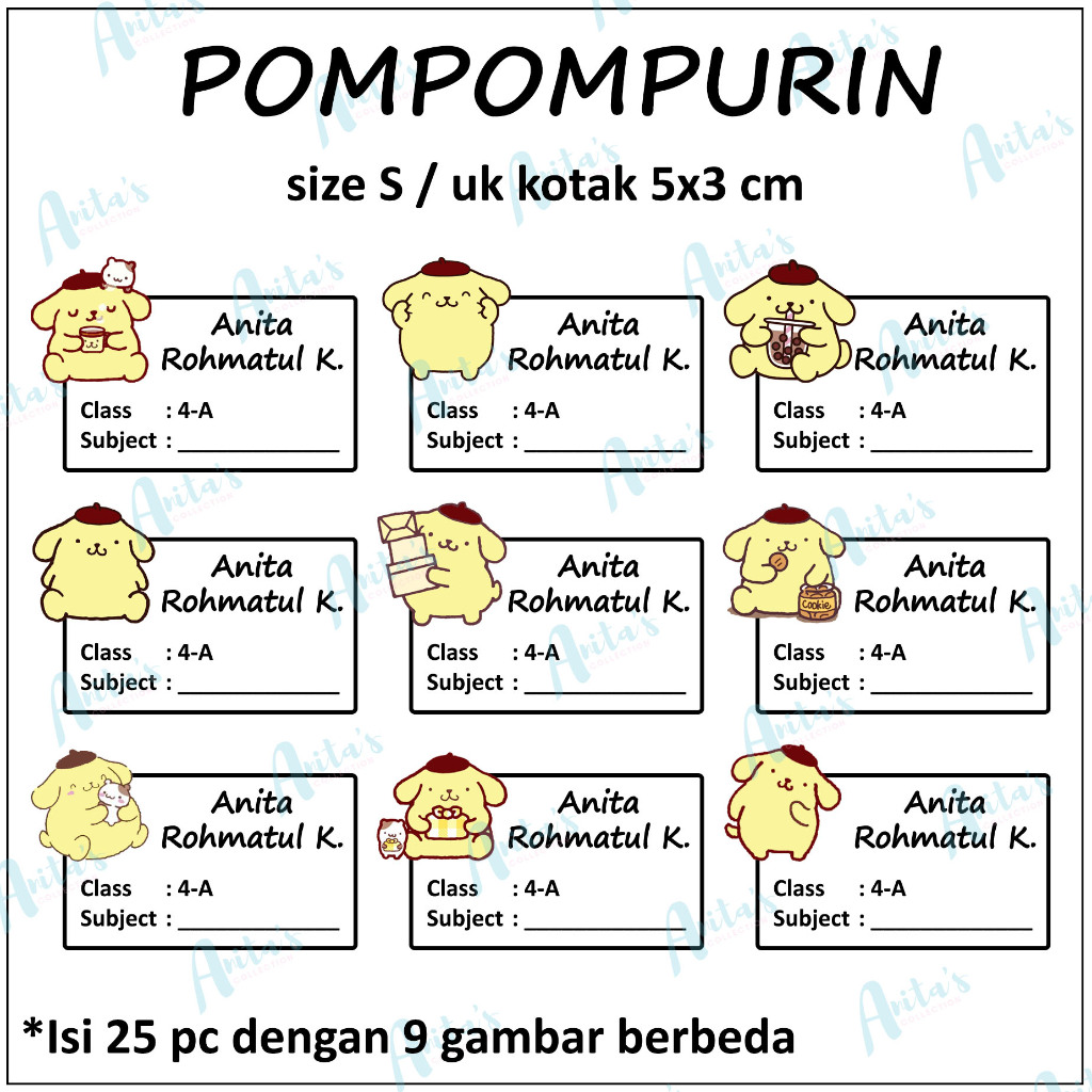 

25pc STIKER NAMA BUKU PELAJARAN ANAK SEKOLAH tema POMPOMPURIN | size S / 5x3 cm | CUSTOM