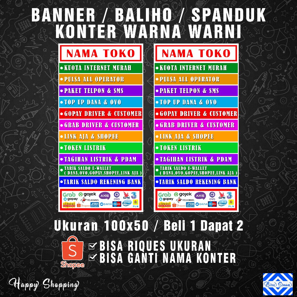 Banner Spanduk Warna Warni Konter Top Up Pulsa Dll , Ukuran 100x50 Beli 1 Dapat 2