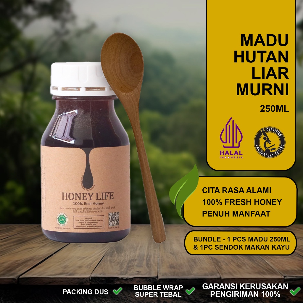 

HL - Madu Asli Hutan Honey Life | Madu Murni Forest Honey 250ML + Sendok Makan Kayu