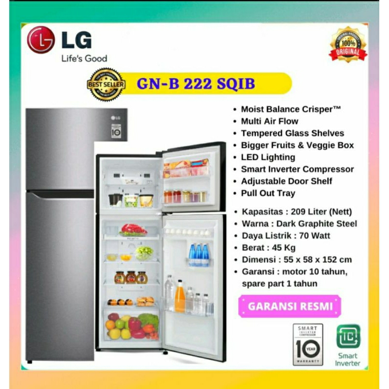 KULKAS LG 2 PINTU GN-B 222SQIB/KULKAS 2 PINTU LG GN B222SQIB SMART INVERTER
