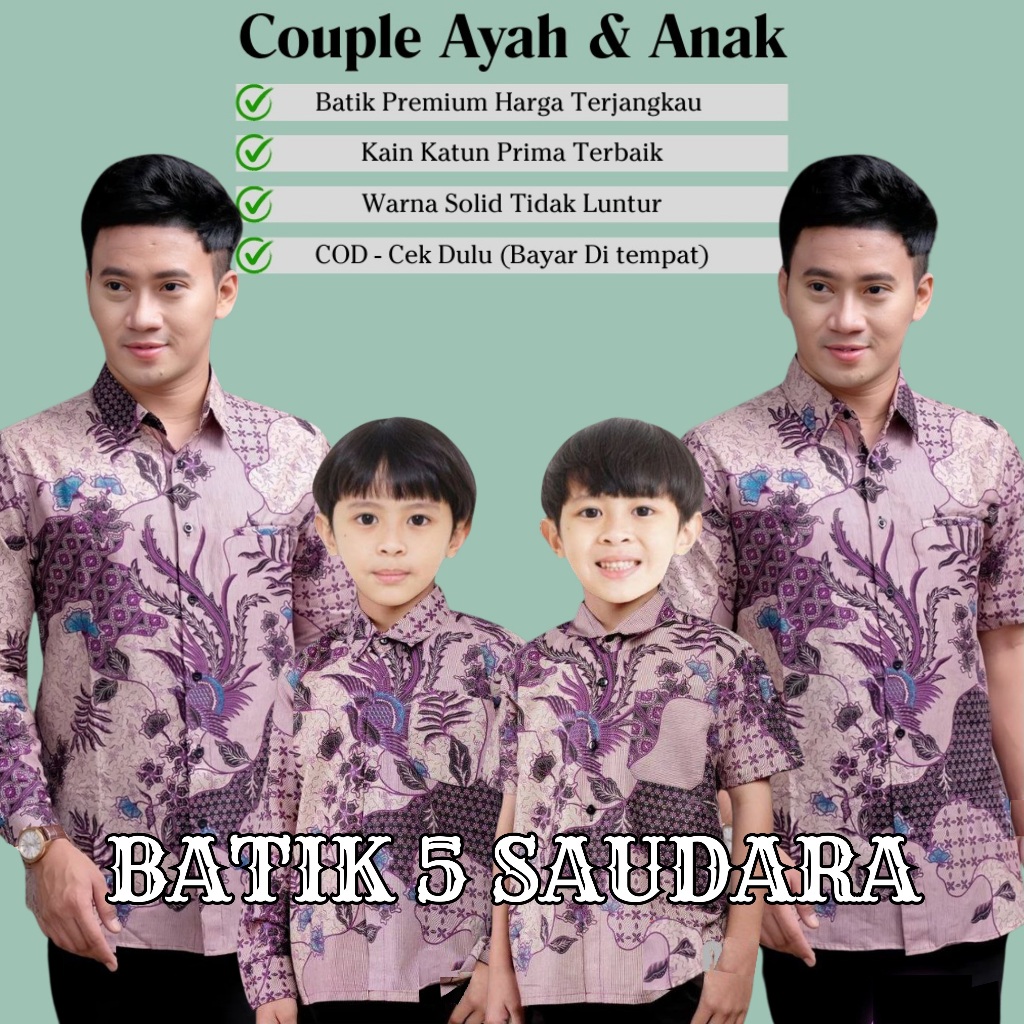 Batik Lima Saudara - Couple Ayah Anak Laki laki Motif Sekar Jagad Ungu Lilac || Kemeja Batik Pria ||