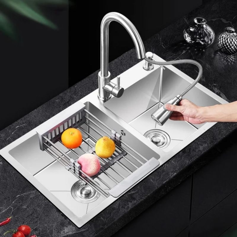 KITCHEN SINK 8245 / Wastafel Bak Cuci Piring 2 Lubang Tebal Stainless SUS304 tebal 82cm PAKET KOMPLI