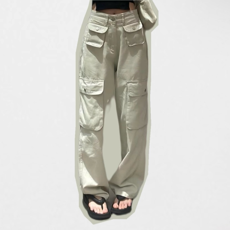 Cargo Pants Pasir Putih Highwaist Loose Celana Jeans Wanita Korea