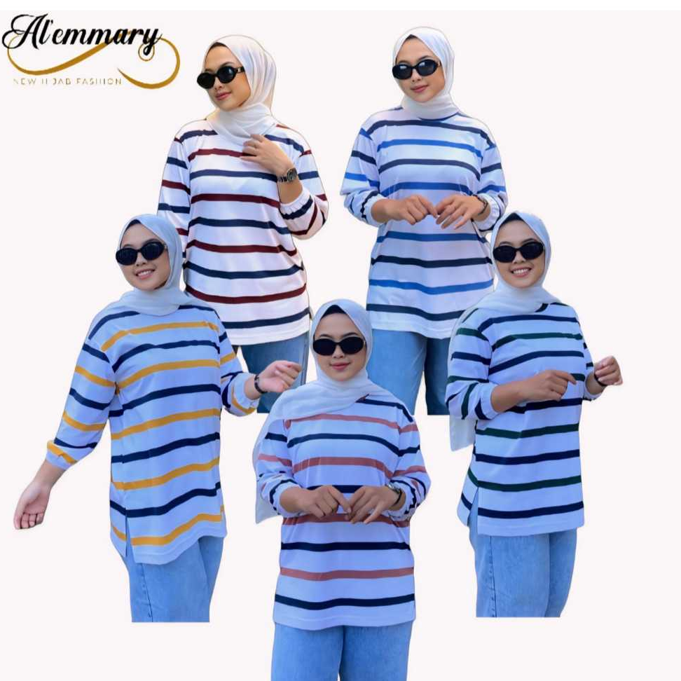 atasan al emmary stripe 3 warna/kaos wanita lengan karet