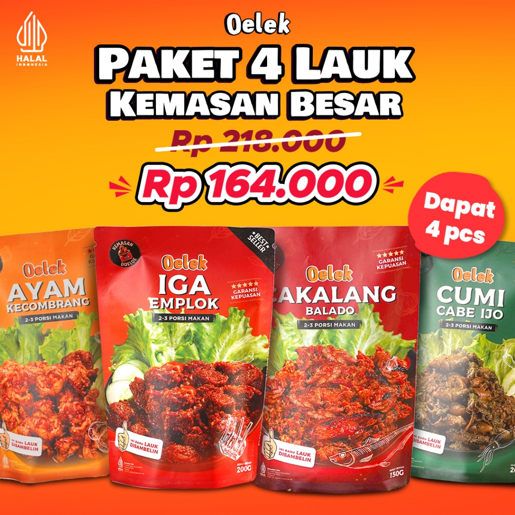 	 Oelek Paket 4 Laoek / Iga Emplok / Cakalang Balado / Cumi Cabe Ijo / Ayam Kecombrang / Lauk Siap Saji	