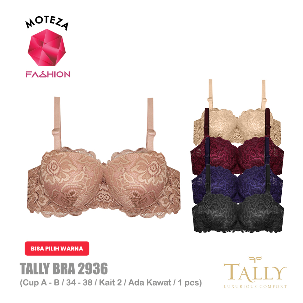 Tally 2936 Bra BH Wanita | Renda | Busa Tipis | 1/2 Half Cup B | Kawat | Kait 2 | Size 34 - 38
