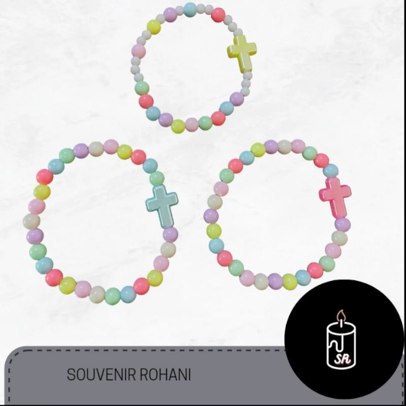 GELANG SALIB MANIK UNTUK ANAK DAN REMAJA / GELANG SALIB ROSARIO ELASTIS PASTEL KRISTEN / AKSESORIS M