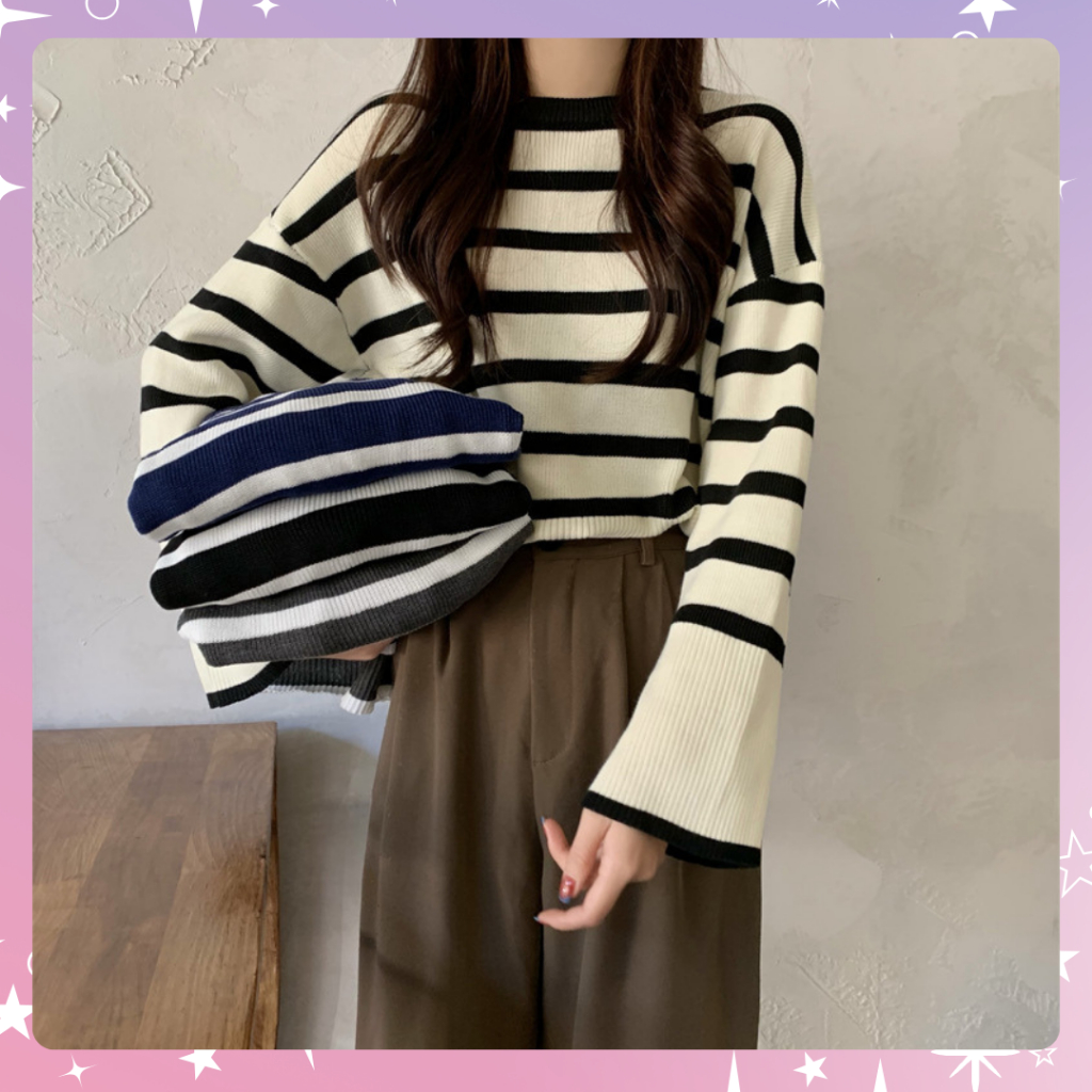 BJ1620> ATASAN WANITA MODEL KEKINIAN MOTIF GARIS-GARIS LENGAN PANJANG MODEL KOREAN STYLE REALPICT