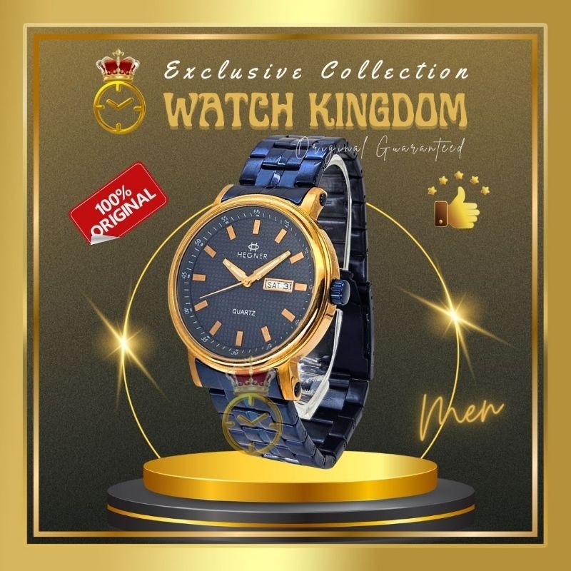 Jam Tangan Pria Hegner Original Hari Tanggal Day Date Rantai Stainles Biru Blue Navy Rosegold 350385