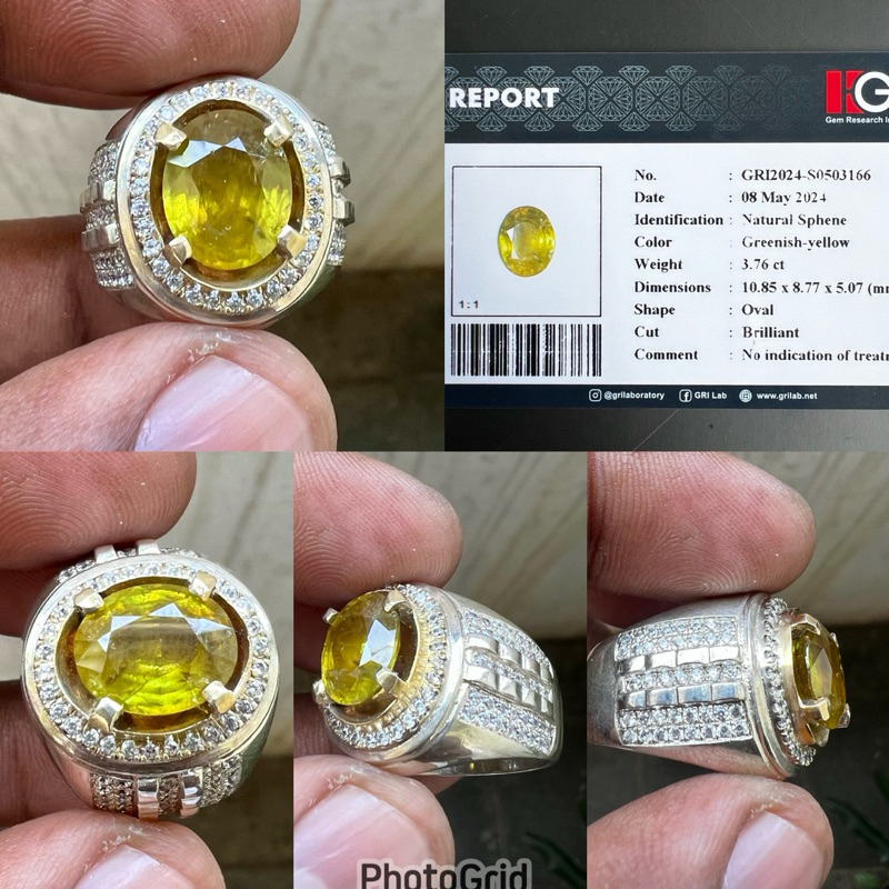 cincin batu Natural Sphene Greenish Yellow rainbow Sphene Batu Sphene Ring Perak Memo GRI CT 3.76 Di