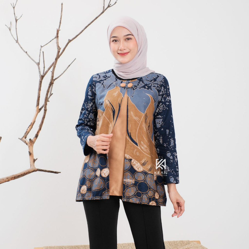 KEAN Batik Wanita Modern Kerja Lengan Panjang Motif Batu Series Asli Pekalongan Atasan Blouse Kantor
