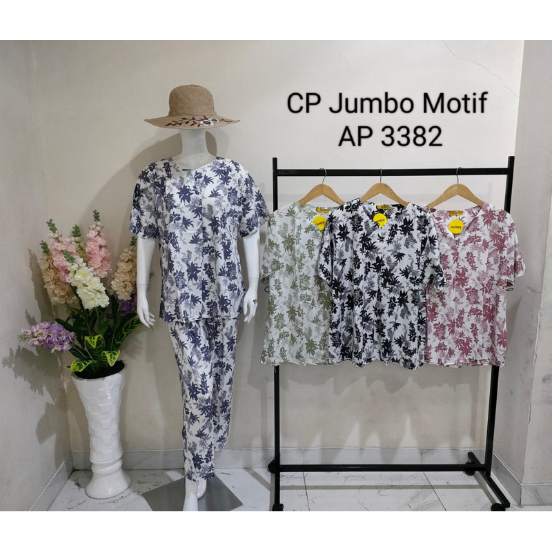 Setelan Baju tidur Agnes Jumbo Tangan Pendek Celana Panjang Bahan Rayon Adem LD 120 CM