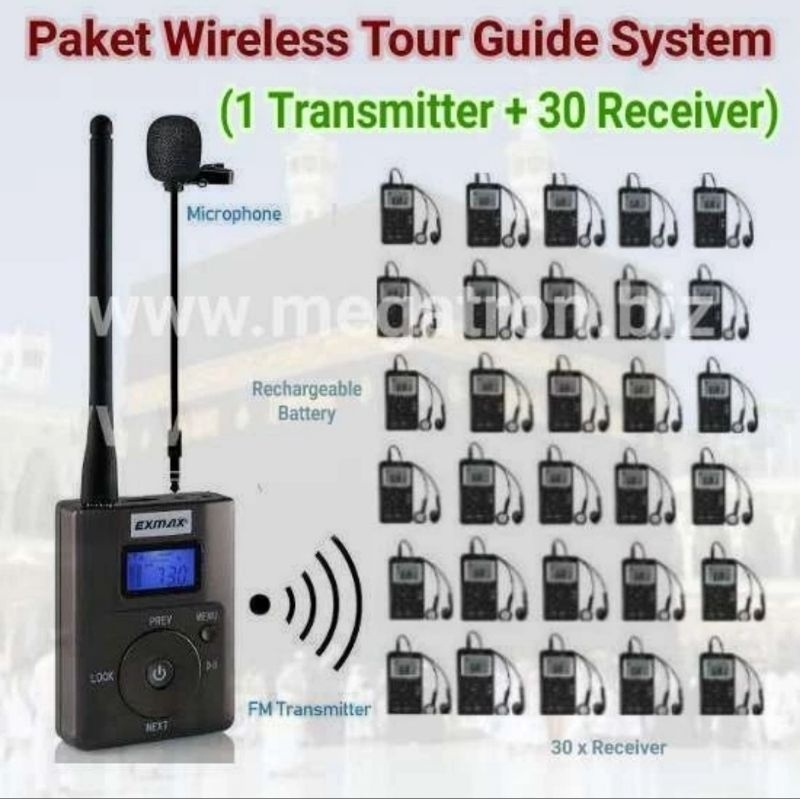 Paket Wireless Tour Guide System 1 Transmitter + 30 Receiver (battery rechargeable) - cocok buat umroh Haji