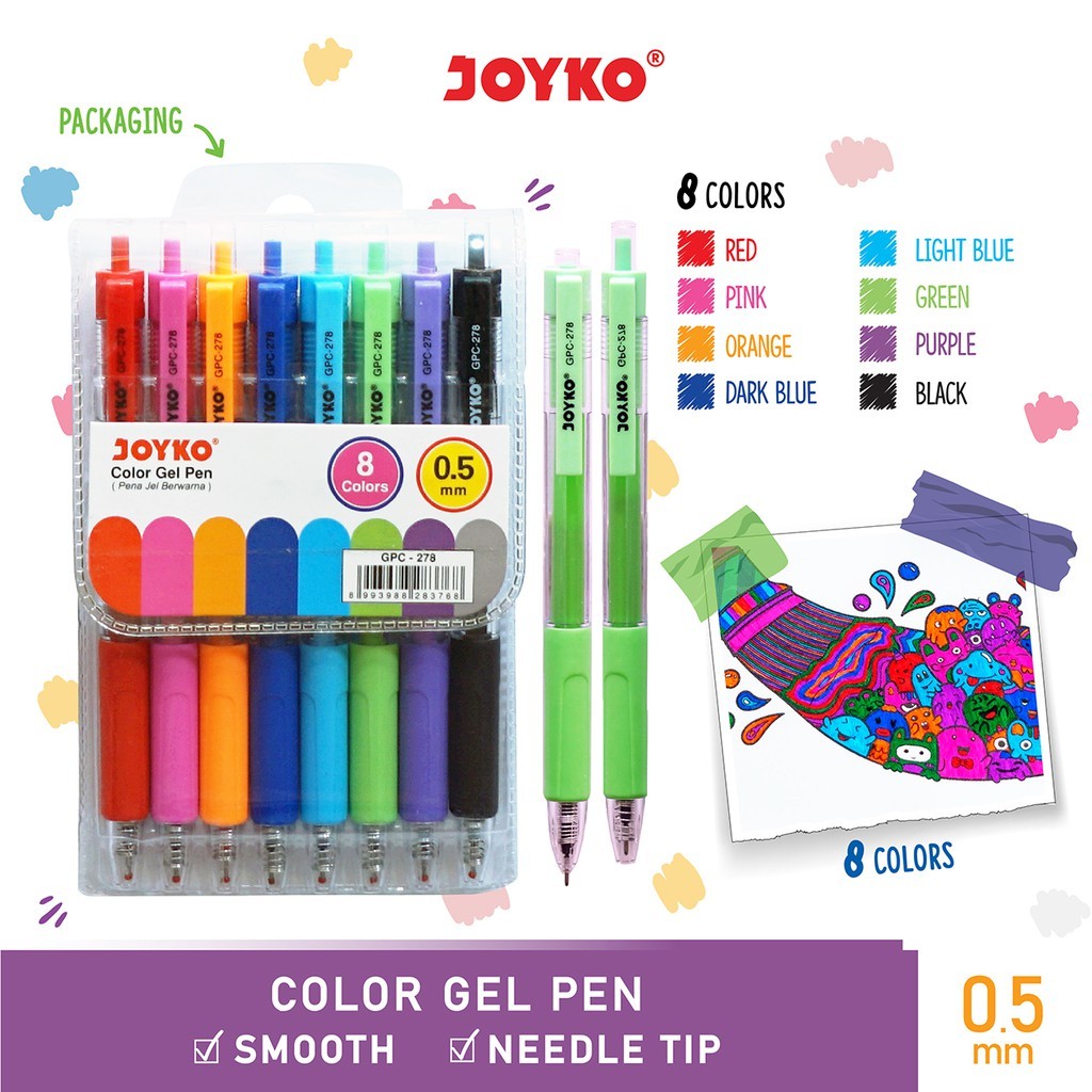

Color Gel Pen Pena Jel Warna Joyko GPC-278 8 Warna 0.5 mm