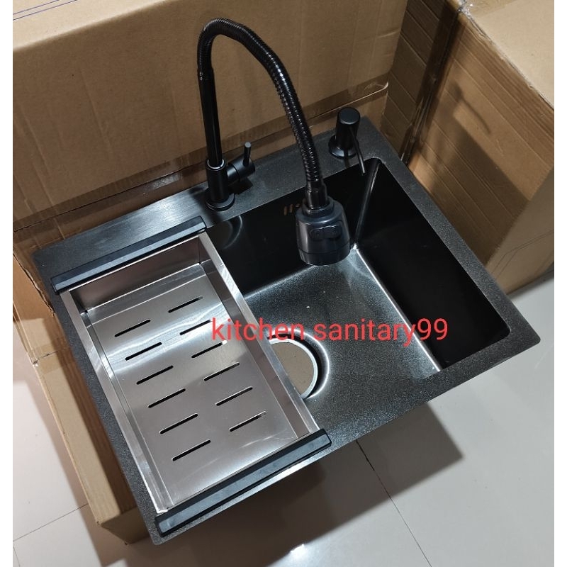 Paket Kitchen Sink Stainless Hitam 5040 /kitchen Sink 50 cm x 40 cm Hitam kram flexible