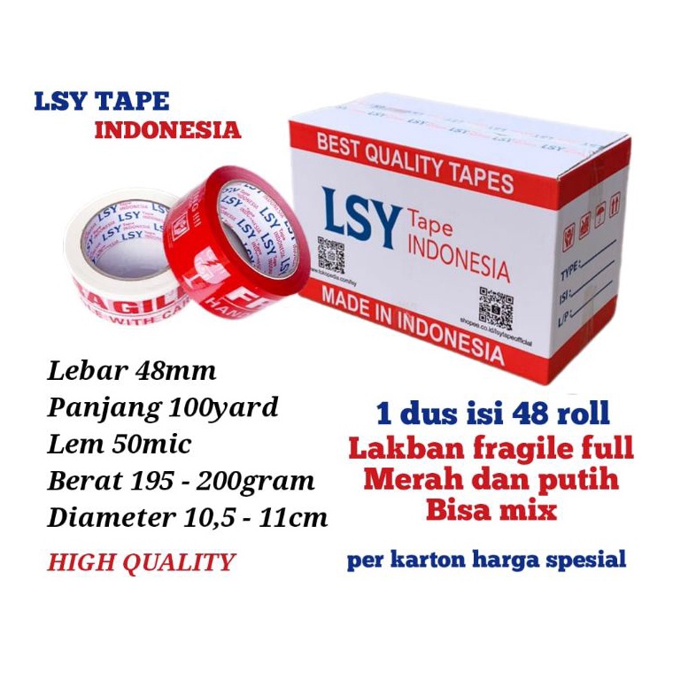 

KODE G95K lakban fragile full merah putih 1yard 1 dus isi 48 roll LSY TAPE INDONESIA
